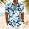 Men's Geometric Tropical Leaf Print Short Sleeve Shirt, Spring Summer Minimalist Hawaiian Vacation Blouse, Loose Casual Top