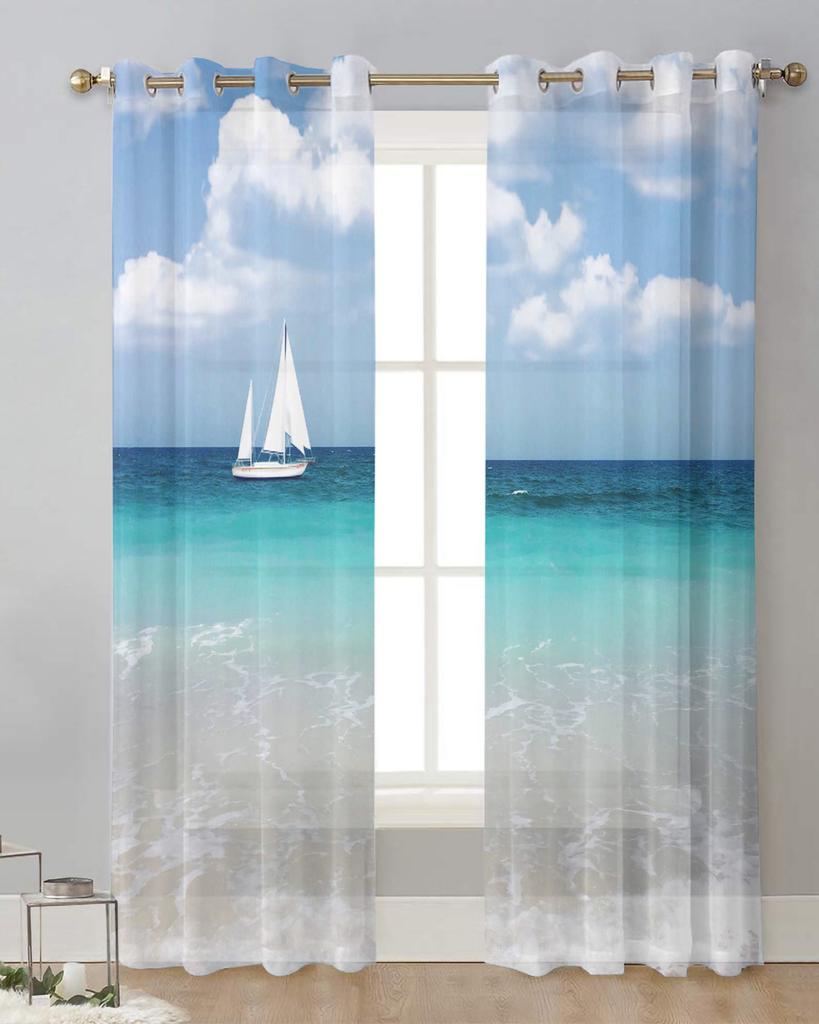 Sea Beach Sailing Clouds Sheer Curtains for Living Room Decoration Window Curtains for Kitchen Tulle Voile Organza Curtains