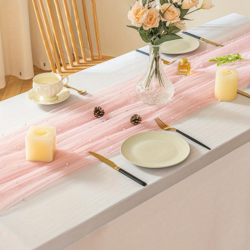 Gazowy Biegacz na Stół Romantyczny Siatkowy Obrus z Pereł Pokrowiec na Stół Weselny Jadalny Dekoracja na Urodziny Baby Shower Imprezowy