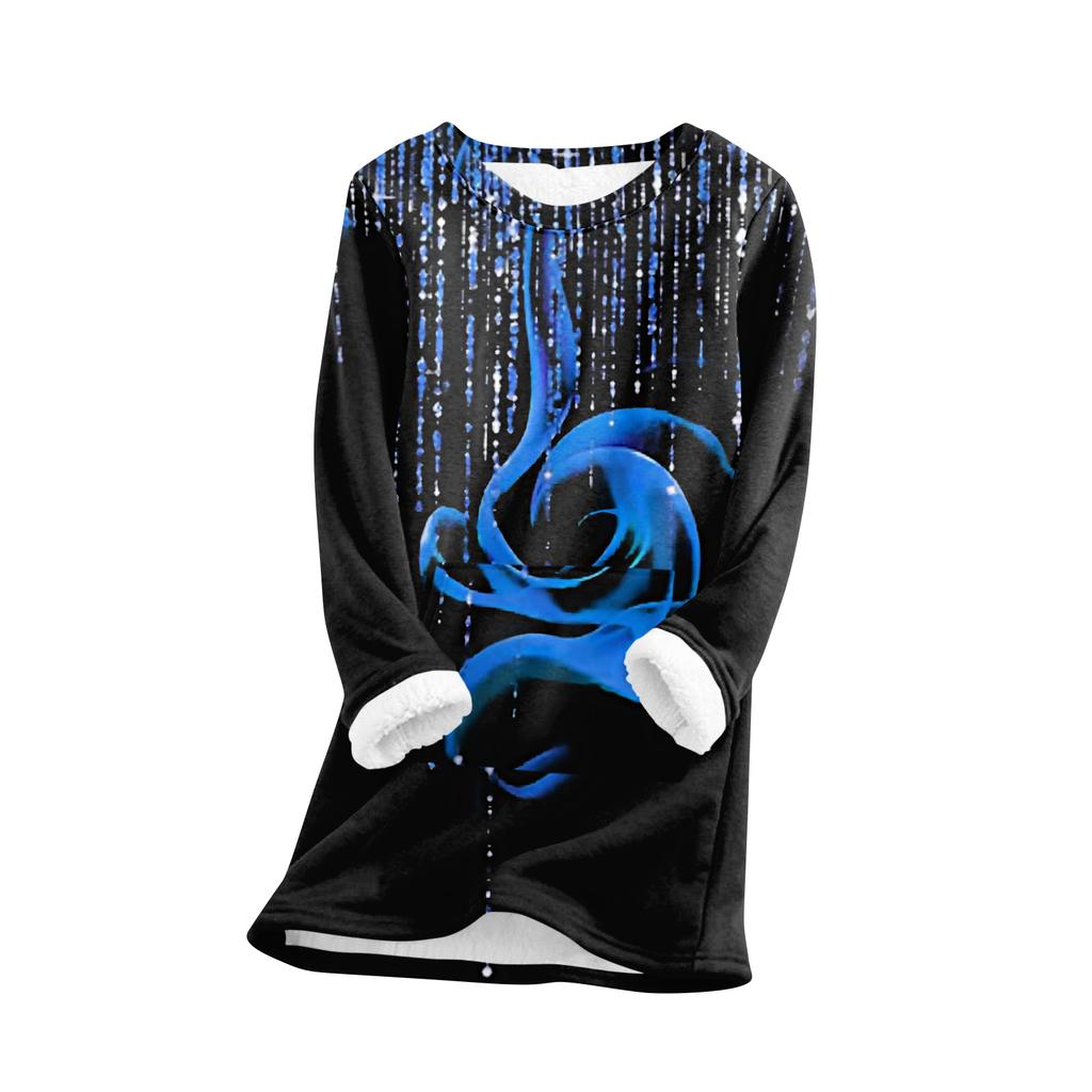 Women's Fashionable Printed Round Neck Long Sleeved Plush Warm Pullover Top