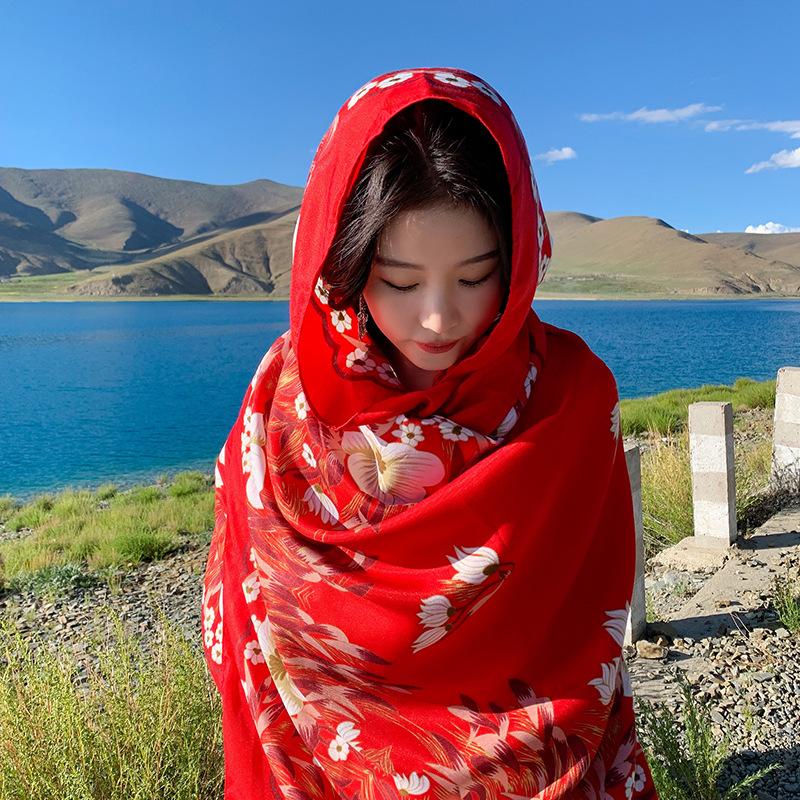 Ethnic Shawl Big Red Flower Li**********hai Travel Thin Summer External Decoration Personalized Versatile Scarf Women 180*90