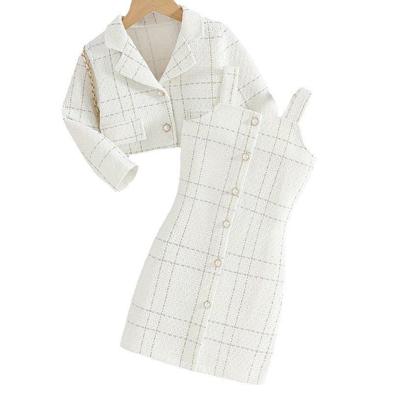 

Girls Fashionable Two-piece Summer Children s Plaid Long-sleeved Coat + Dress Set 3-4Y