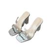 Transparent rhinestone high heels women's 2025 new thick heel wear versatile sexy temperament not tired feet open toe cool slippers