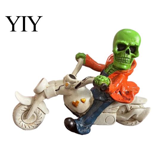 Motorcycle Skull Ornament Halloween Skeleton Riding Figurine, Gothic Spooky Statue for Home Gifts Collectors Garden, Resin Biker Decor Desk