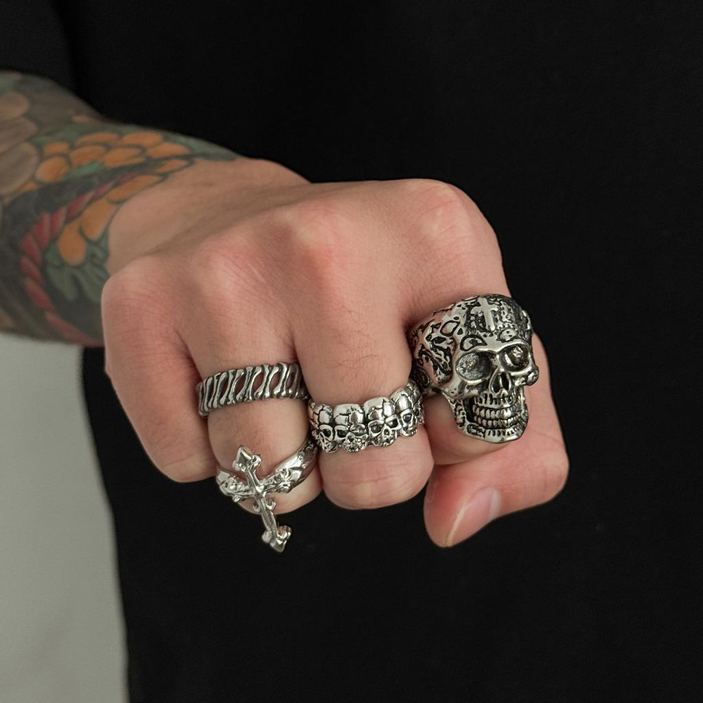 Exaggerated and Unique Skull Ring Set for Men, Hip-Hop Style, Niche High-End Cross Ring Jewelry