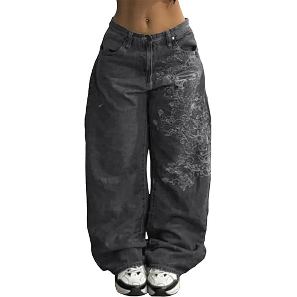 Women's Retro High Street Wide-Leg Denim Trousers Washed High-Waisted Casual Stylish Denim Trousers