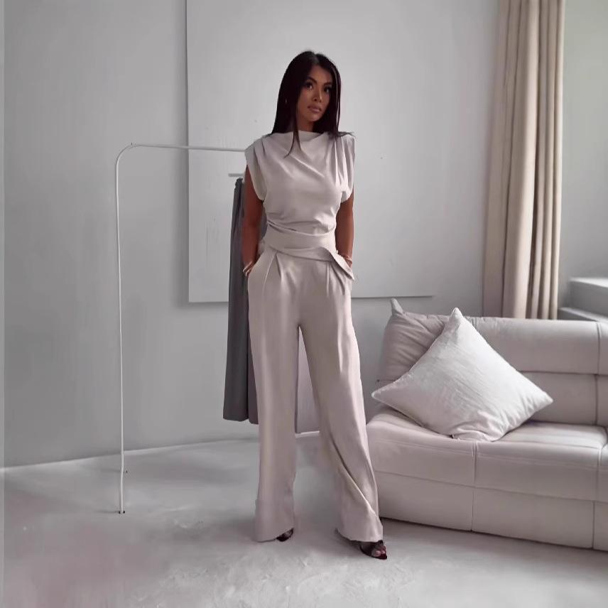 Completo Pantaloni a Gamba Larga Senza Maniche a Vita Alta da Donna, Abito Due Pezzi Casual Elegante in Beige, Marrone, Antracite