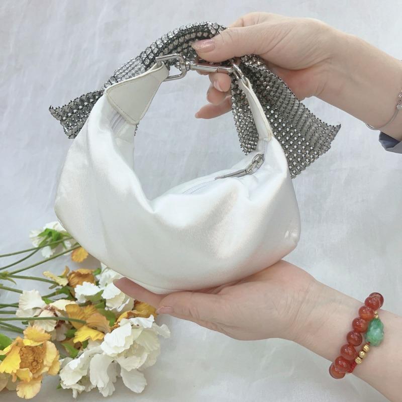 

French shiny silver rhinestone bow tote bag banquet diamond change red envelope messenger bag in hand