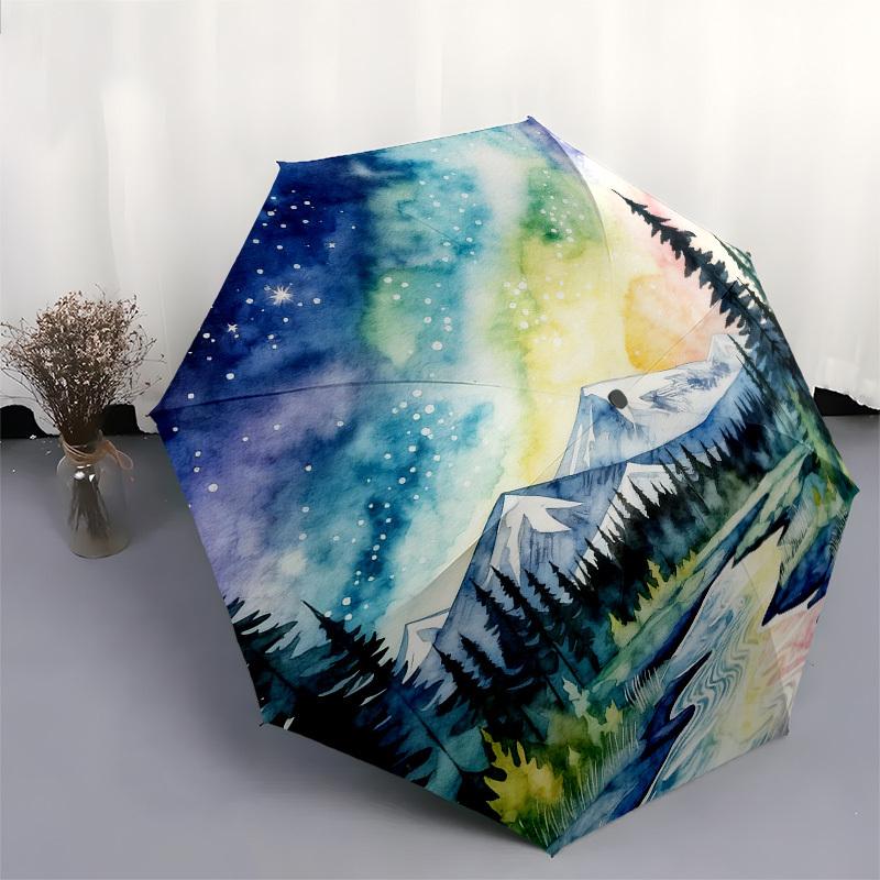 1pc mountain river Automatic Folding Umbrella, Heavy Duty 8 Rib Iron Frame, Suitable for Travel, Daily Use, Birthday, Decor Gift 11