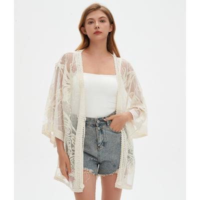 DIMANAF 2025 Sommer Damen Fledermaus Strand Strickjacke V-Ausschnitt T-Shirt Basic Spitze Neue Mode Oberteile Spitze T-Shirts Lässige Lockere T-Shirts