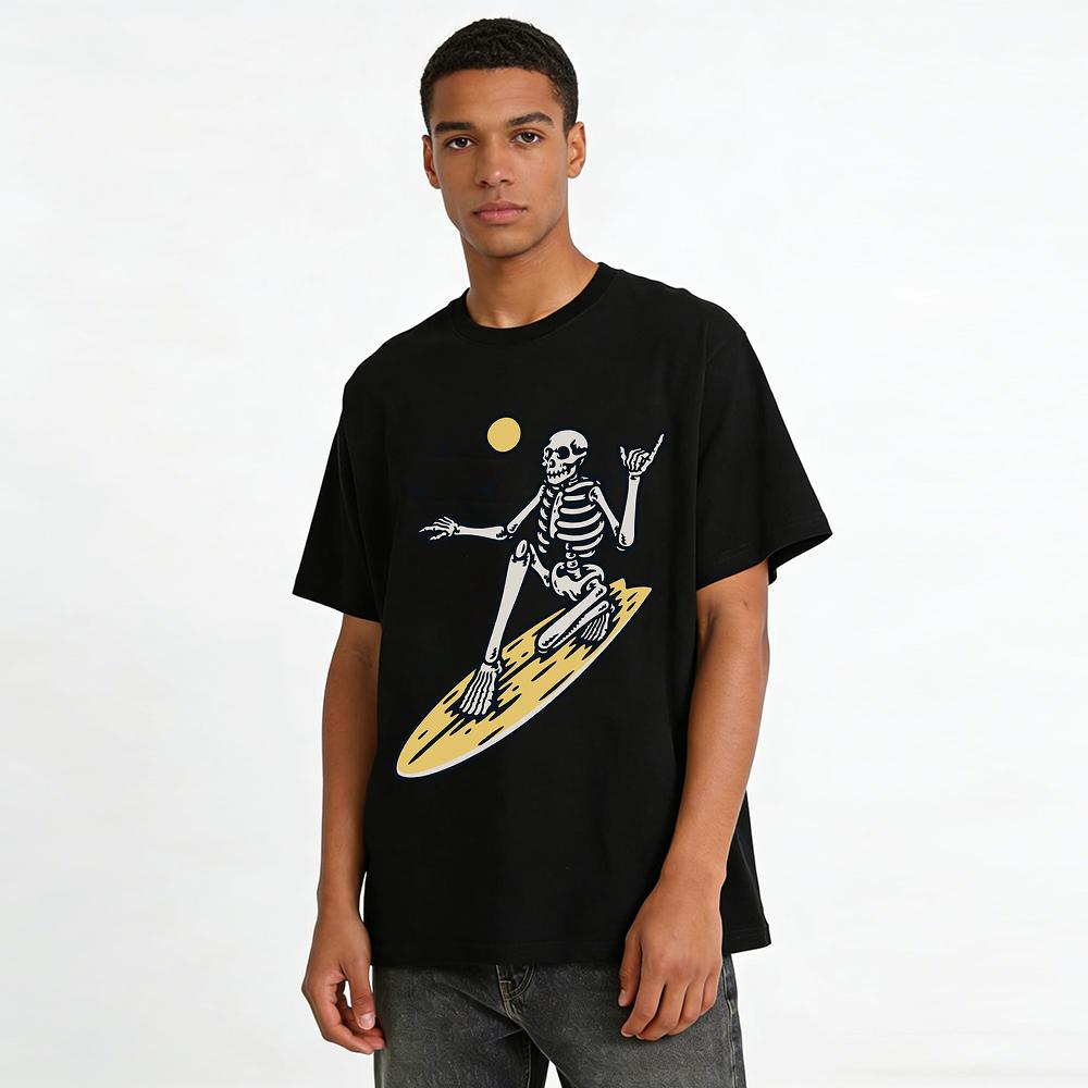 Vintage Surfing Skeleton Print Casual Top Pure Cotton T-shirt