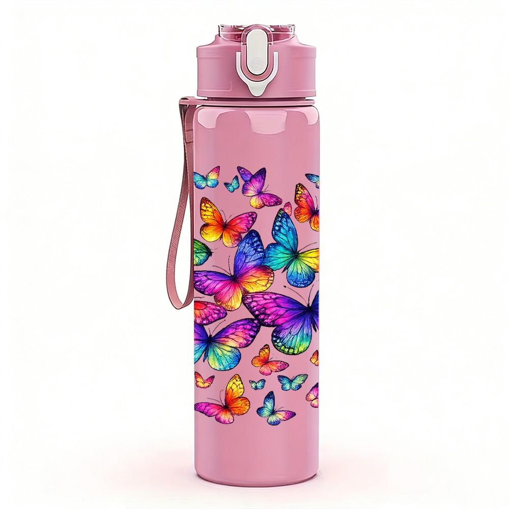 1PC Rainbow Butterfly Splash Abstract Print 750ml Color Plastic Sports Water Bottle Leakproof Flip Straw Lid Suitable for Sports Office Home Use