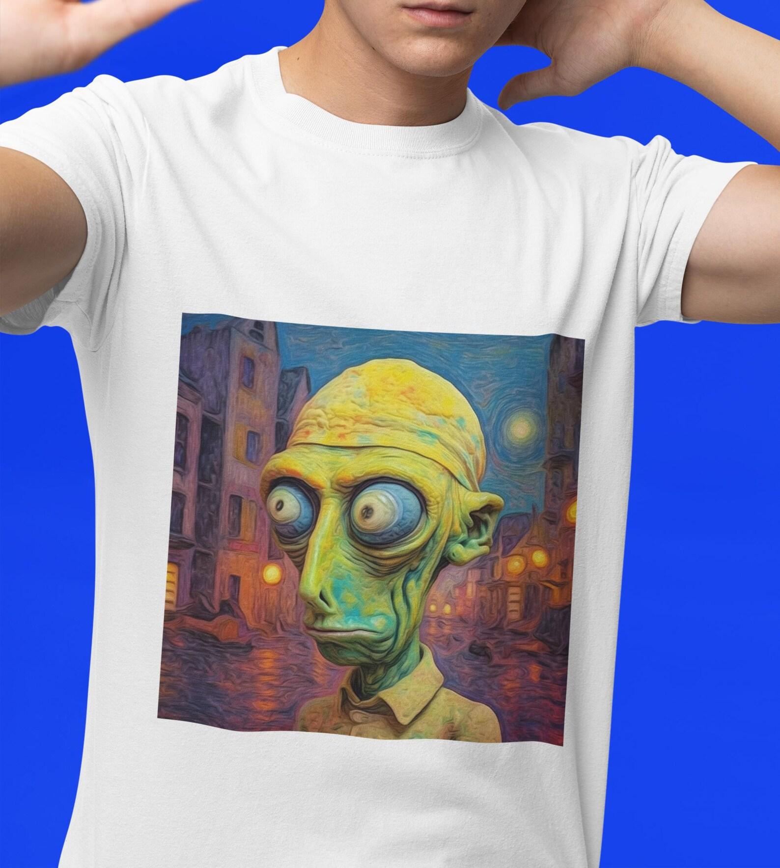 Green Alien Portrait T-Shirt | Surreal Cartoon Sci-Fi Artwork XL