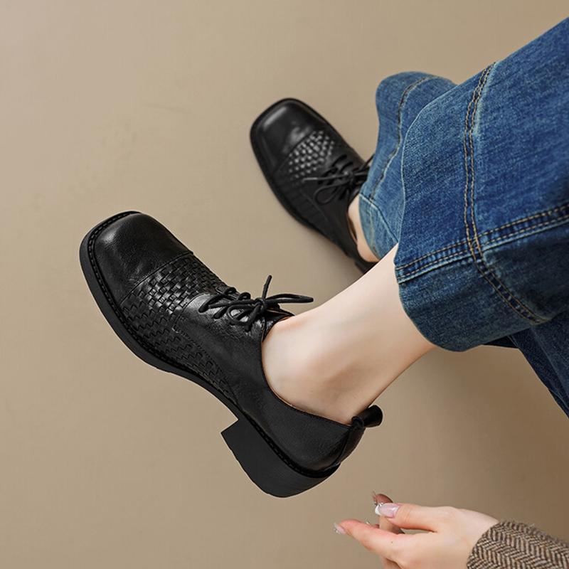 Fashion NEW Spring/Autumn Women Pumps Square Toe Chunky Heel Shoes Genuine Leather Shoes for Women Retro Weave Lace-up Women Loafers