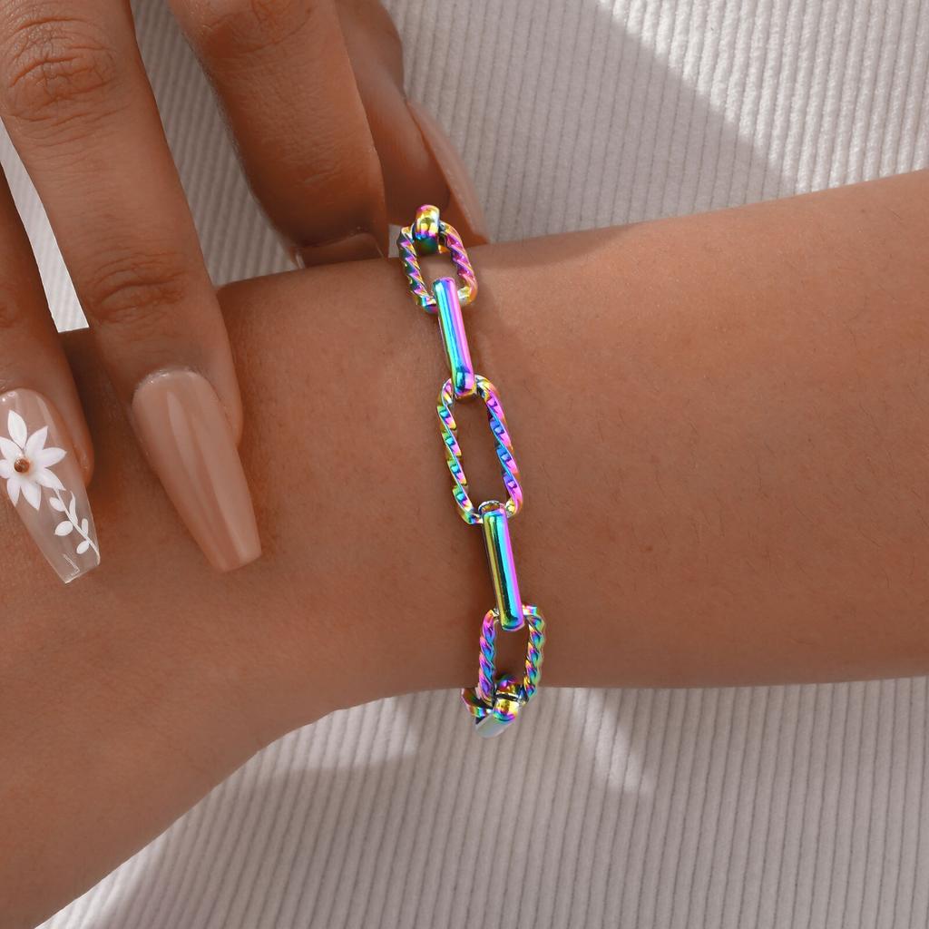 Vnox Classic Bracelets For Women Girls Gold Silver Color Paperclip Chain Stainless Steel Rectangle Bracelet Charm Jewelry Party