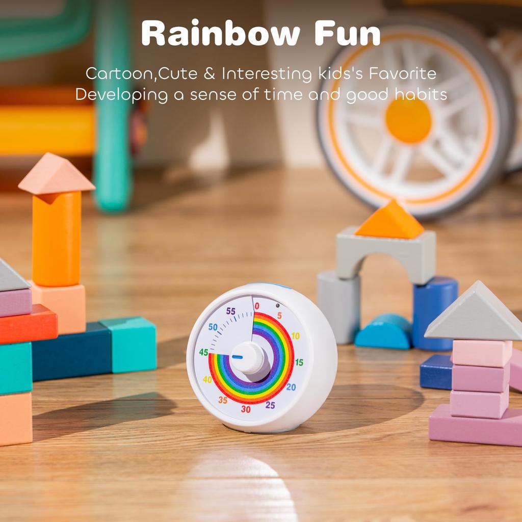 60-Minuten Visueller Timer für Kinder, Countdown-Timer für Klassenzimmer & Küche, Schreibtisch-Timer zum Lernen, Regenbogen-Druck Kinder Zeitmanagement-Tool (Weiß)