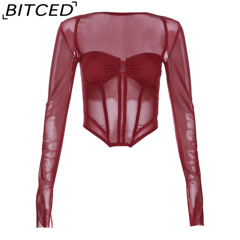 

BITCED Autumn Women s Solid-Colour Slim-Fit Cropped Streetwear Square-Neck Long-Sleeved Top L красный