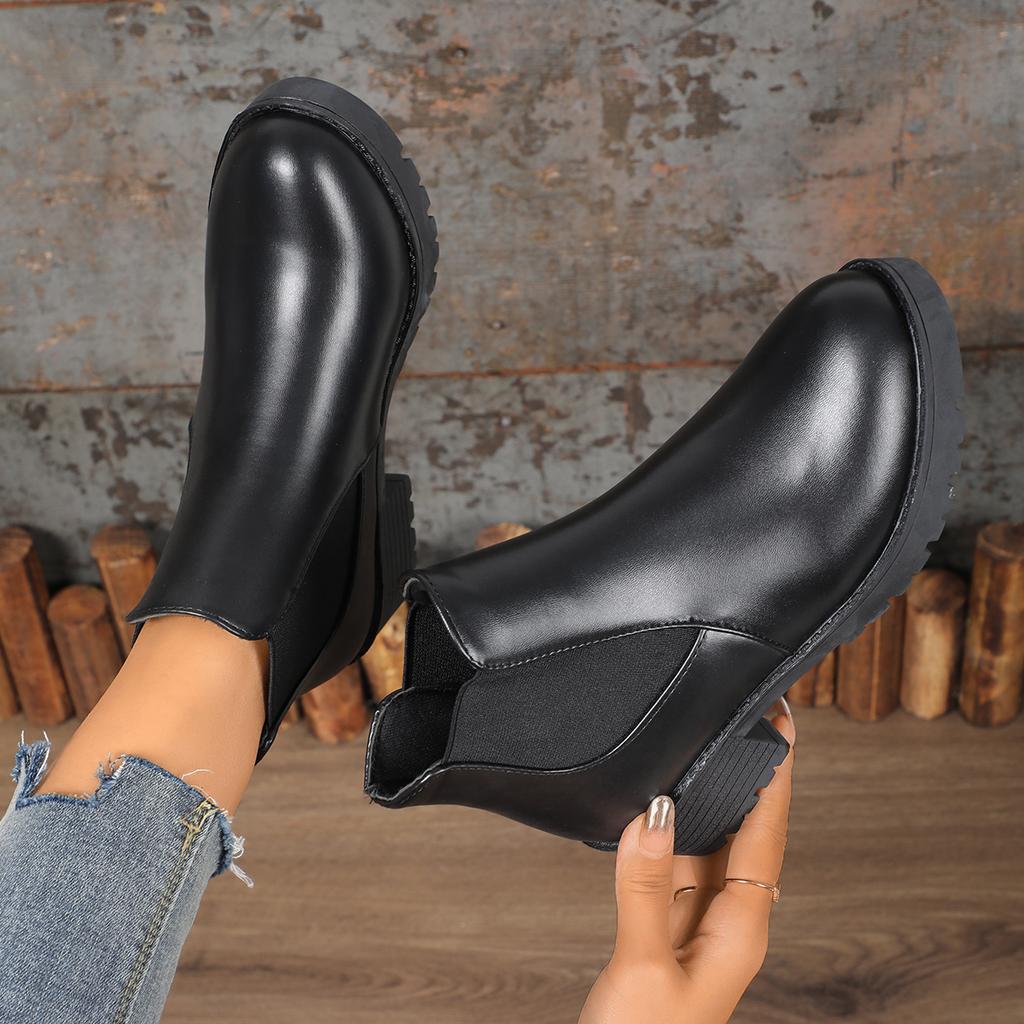 New Women'S Plush Lined Ankle Boots British Style Round Toe Chunky Heel Warm Comfortable Autumn Winter Short Boots