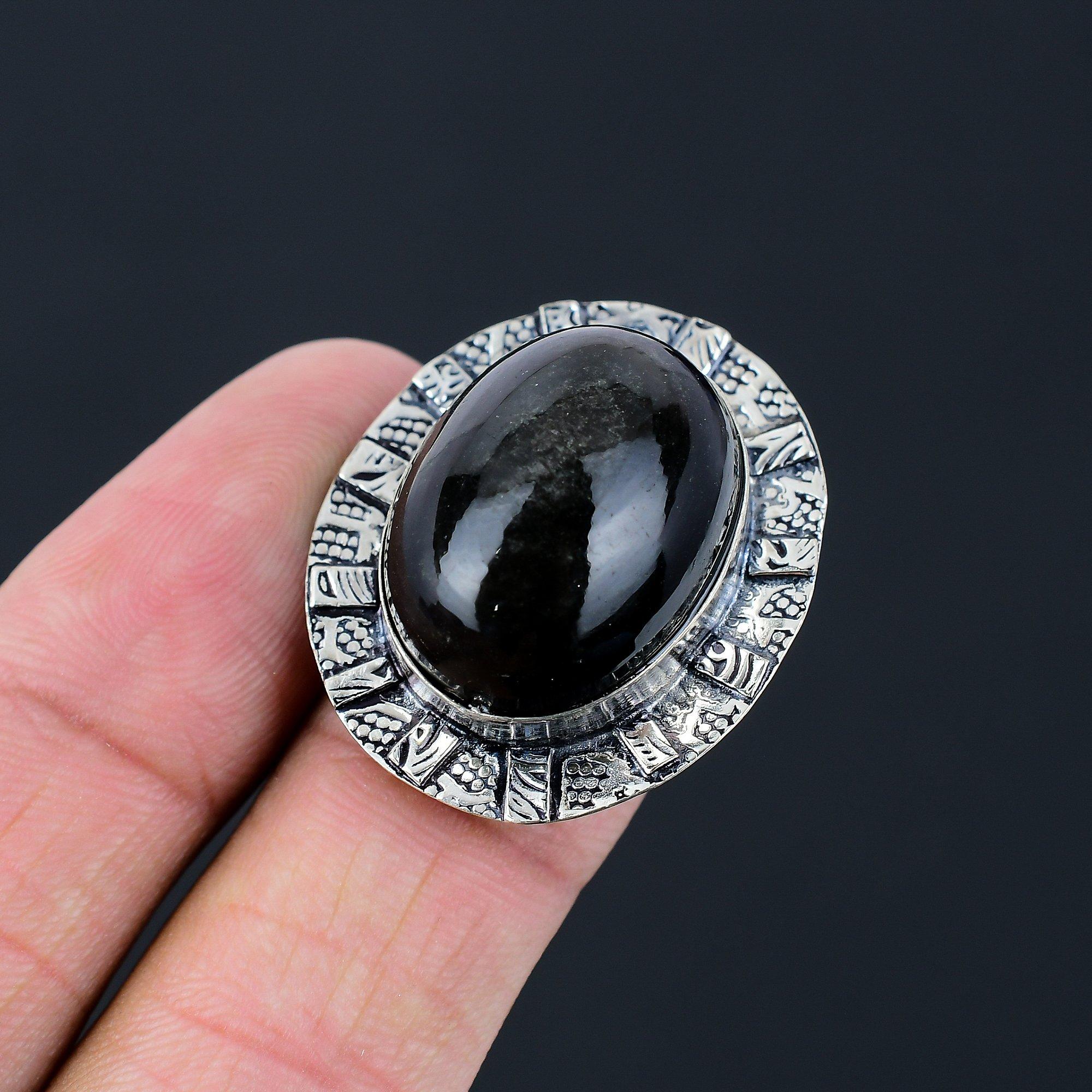 Sterling Silver Oval Black Seraphinite Stone Statement Solitaire New Ring Size 7 7