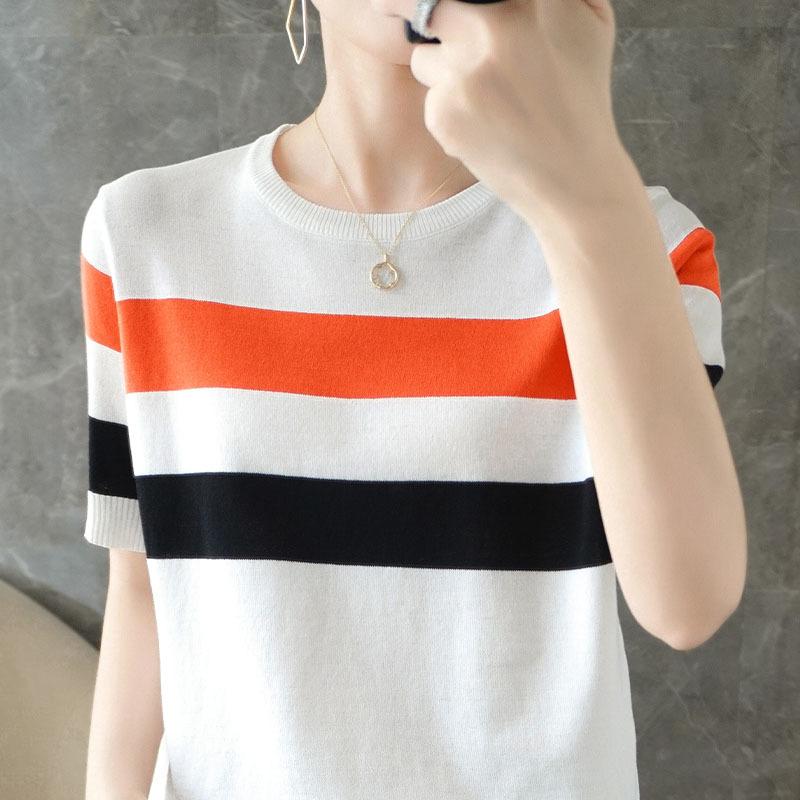 

Женский летний свитер из ледяного шелка в полоску с круглым вырезом, свободный и универсальный топ с коротким рукавом XXL