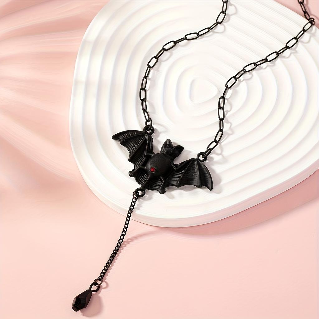 Gothic Halloween Bat Necklace for Women - Black Bat Pendant with Red Eyes & Teardrop Bead Chain, Edgy Party Jewelry for Costume