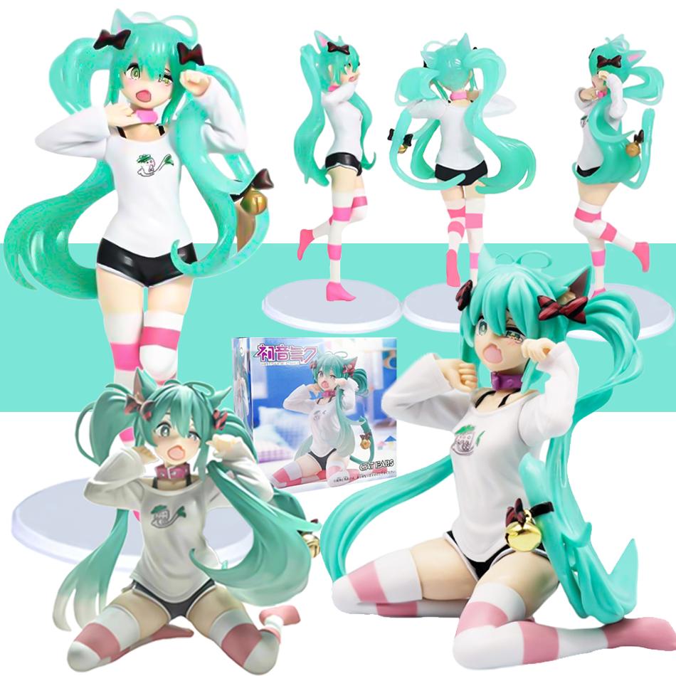 Hatsune Miku Model Anime Girl Figures Cat Ear Sitting Posture Short Sleeved Pajamas Figurines Car Decoration Doll Kids Toys Gift