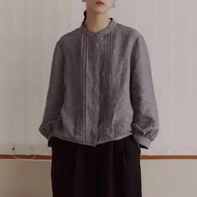 Vintage Linen Womens Tops Blouses Autumn Pleated Loose All Match Solid Color Female Shirts