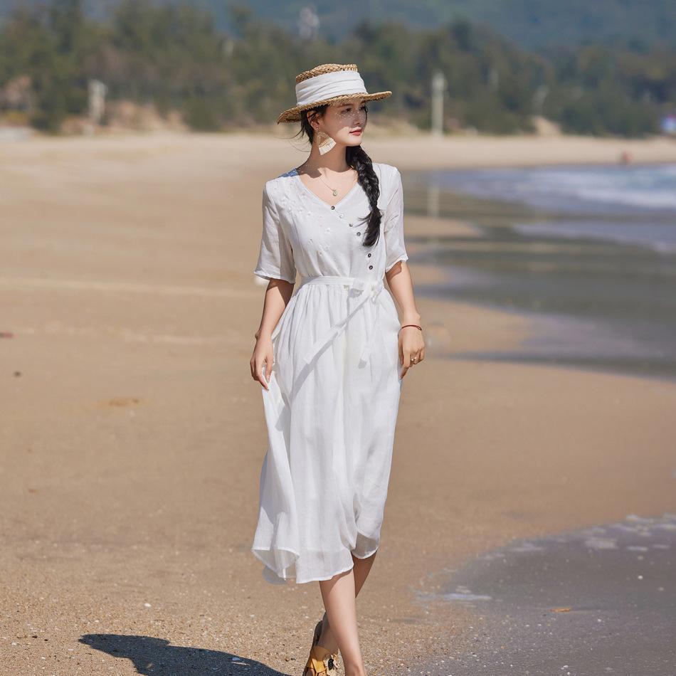 2024 Embroidered Ramie V-Neck Women's Mid-Sleeve Long Dress