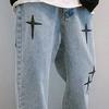 Spring Autumn Denim Pants Star Pattern Solid Color Zipper Fly Wide Leg Loose Jeans Streetwear