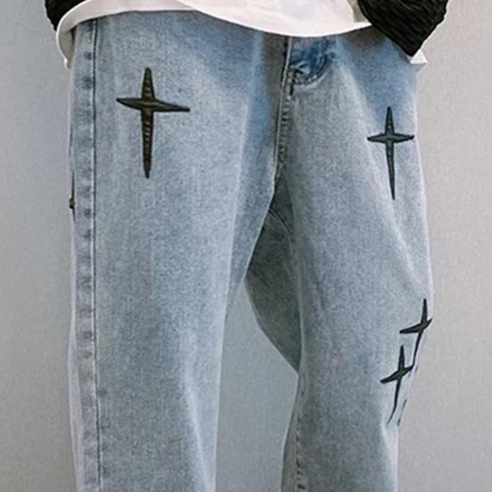 Spring Autumn Denim Pants Star Pattern Solid Color Zipper Fly Wide Leg Loose Jeans Streetwear
