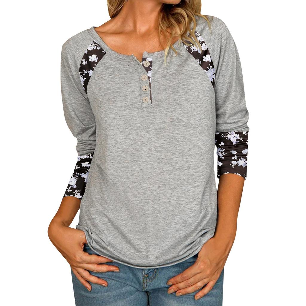 Women's Casual Floral Print V-Neck Short Sleeve Decorative Button T-Shirt Top