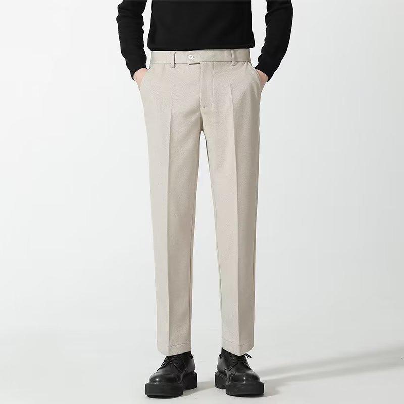 Men’s Casual Woolen Nine-Point Trousers - Autumn Business Loose Fit, Solid Color, Trendy Design.