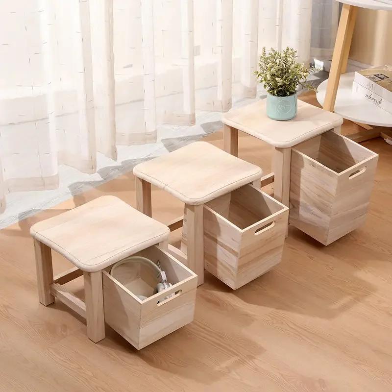 Solid Wood Square Stool with Storage Drawer Sofa Bedside Low Table Change Shoes Bench for Entrance Hallway Ottoman Cabinet