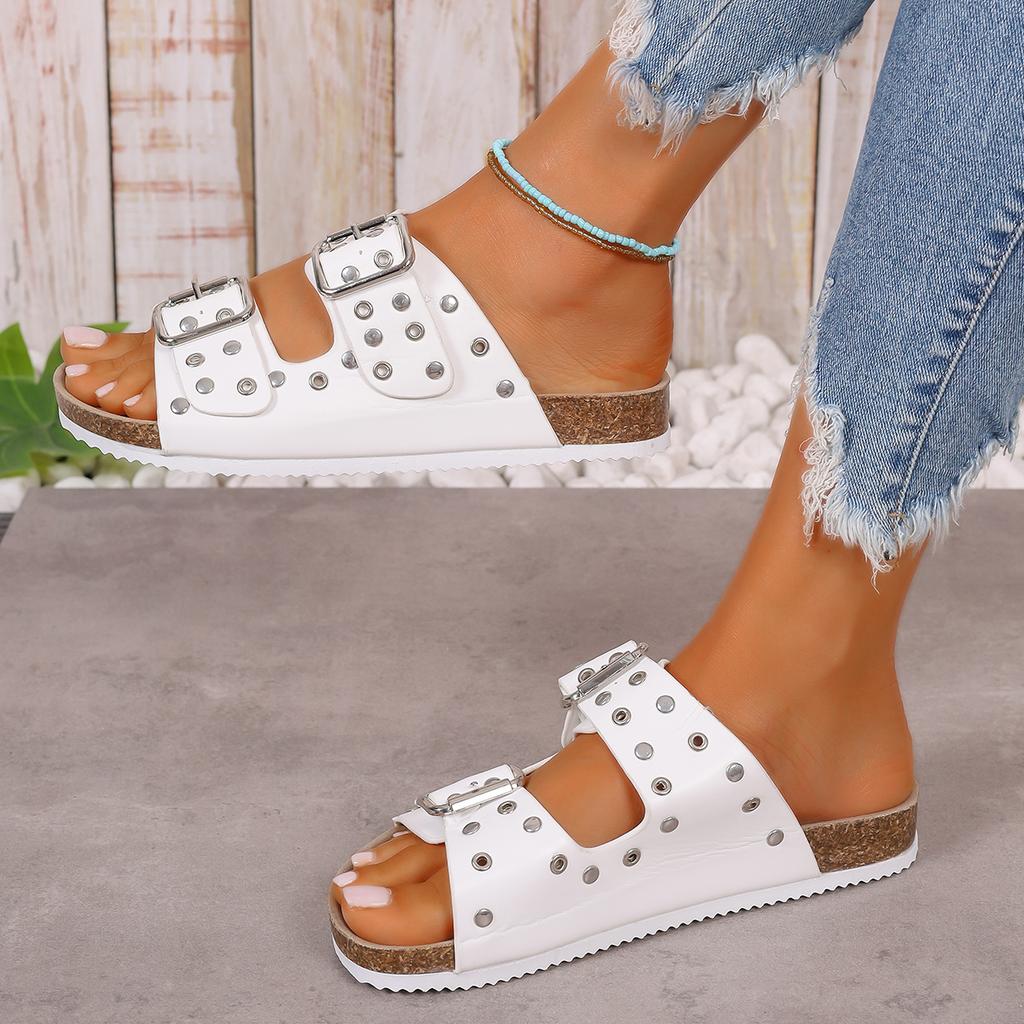 Summer Thick Bottom Buckle Riveted Women's Sandals Handmade Slippers with Flat Bottom Casual Outdoor Slippers Zapatos De Mujer