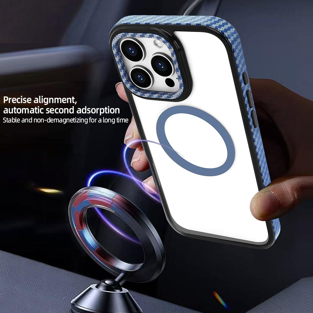 For iPhone 16 pro Max Strong Magnetic Phone Case Carbon Fiber Pattern Frame Transparent Cover for iPhone 16 pro, Wireless Charge