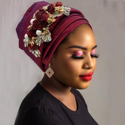 Rohseide Afrikanische Turbanmütze Blumen-Kopfwickel Haube Nigeria Hochzeits-Kopftuch Hochzeitsfeier Kopfschmuck Turbante Mujer