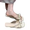 Fashion summer French retro bow open-toed slippers women's rhinestone sweet cool slippers low heel versatile one-word drag