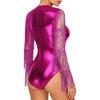 Womens Metallic Shiny Club Bodysuit Tiered Sequin Tassel Mesh Long Sleeve Dance Jumpsuit