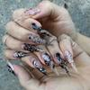 24pcs Gothic Long French Stiletto Shape Fake Nail Reusable Lace Rhinestone Nail Set Press on Full Cover False Nail Art for Women