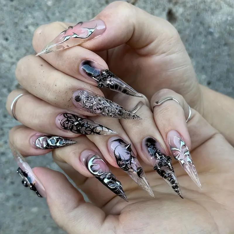 24pcs Gothic Long French Stiletto Shape Fake Nail Reusable Lace Rhinestone Nail Set Press on Full Cover False Nail Art for Women