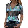2024 Plus Size V-Neck Printed Zipper Lapel Short-Sleeve Women's Top