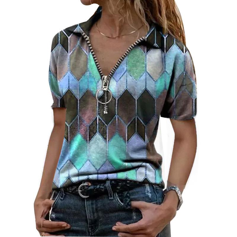 2024 Plus Size V-Neck Printed Zipper Lapel Short-Sleeve Women's Top