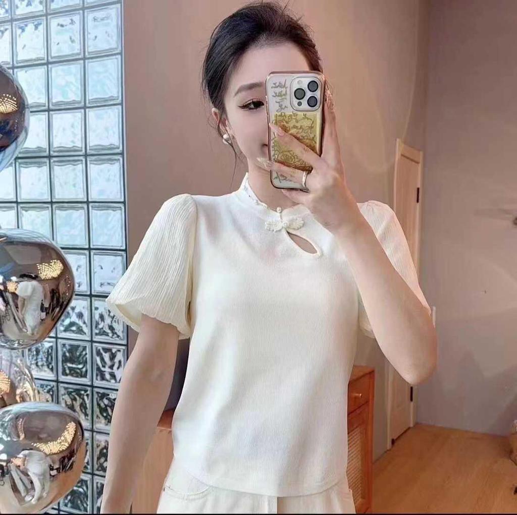Summer 2025 Women's Puff Sleeve Chiffon Knit T-shirt with Frog Button