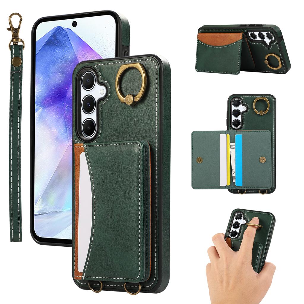 For Samsung Galaxy A54 5G PU Leather Back Case Card Holder Kickstand Phone Cover with Wrist Strap