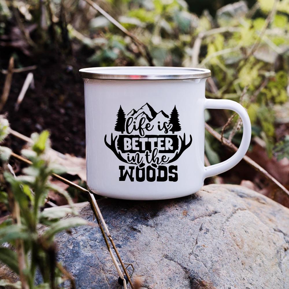 Sunset Forest Creek Creative Enamel Coffee Mugs Outdoor Travel Water Cups Camping Bonfire Party Beer Drink Milk Mug Best Gifts