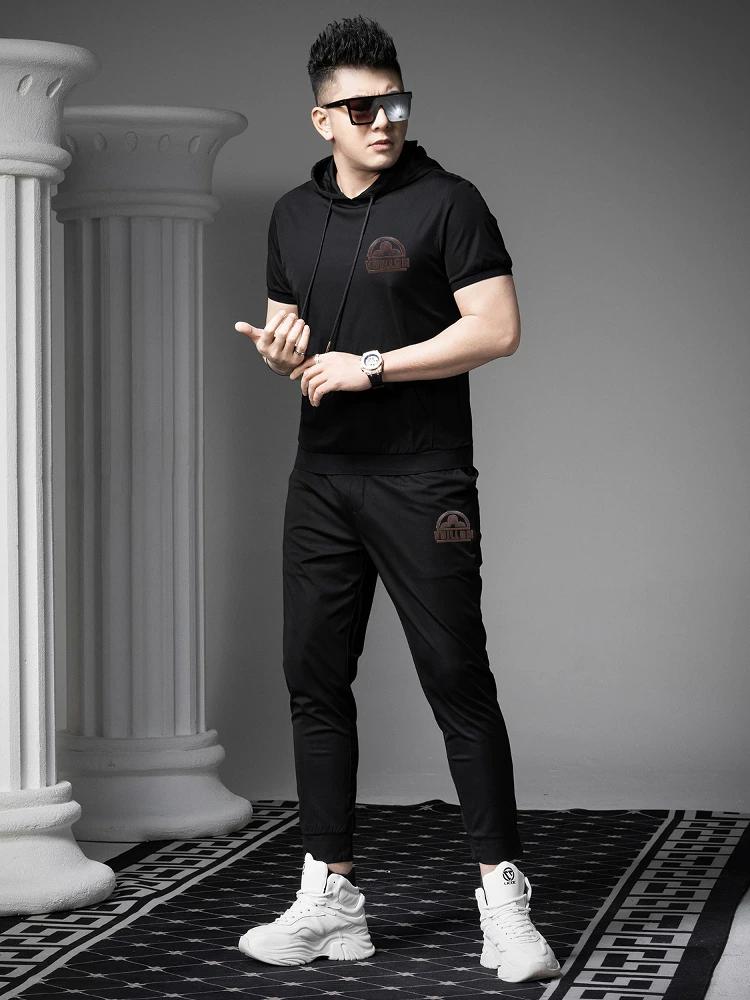 Ozhouzhan Hood Short Sleeve Hoodie Casual Set Men's Summer Fashion Brand Print Half Sleeve T-shirt Trousers Two-piece Set