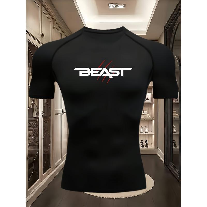 Men's Black Compression T-Shirt with "BEAST" Text Print, Elastic Quick Drying Breathable Gym Workout & Sports Training Top