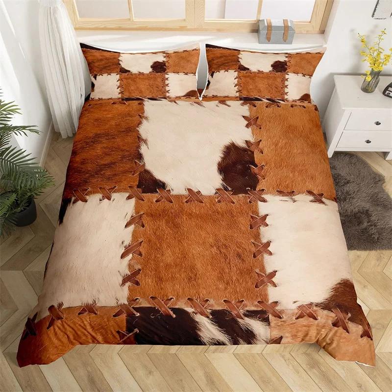 Funda nórdica tamaño king con estampado de animales de granja, de microfibra y piel de vaca. Juego de ropa de cama estilo western con estampado de piel de vaca para niños y niñas.