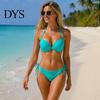 Summer Swimwear Women Solid Color Bikini Set, Two Piece Swimsuit, Halter Tie Underwire Top Strappy Bottom & High Cut Bottom, Sexy Bathing Suit