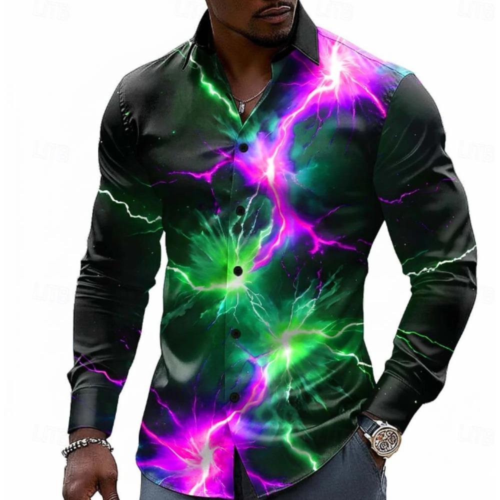 Camisas de manga larga con estampado de relámpagos para hombre, cárdigan informal, nuevas camisas de moda con botones para las fiestas